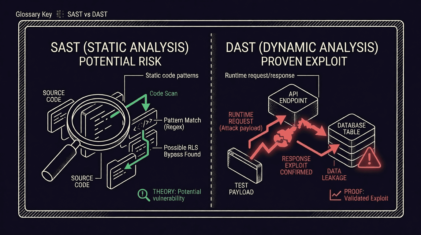 Two-lane SAST vs DAST wireframe showing potential risk from static analysis versus validated exploit paths from runtime testing.