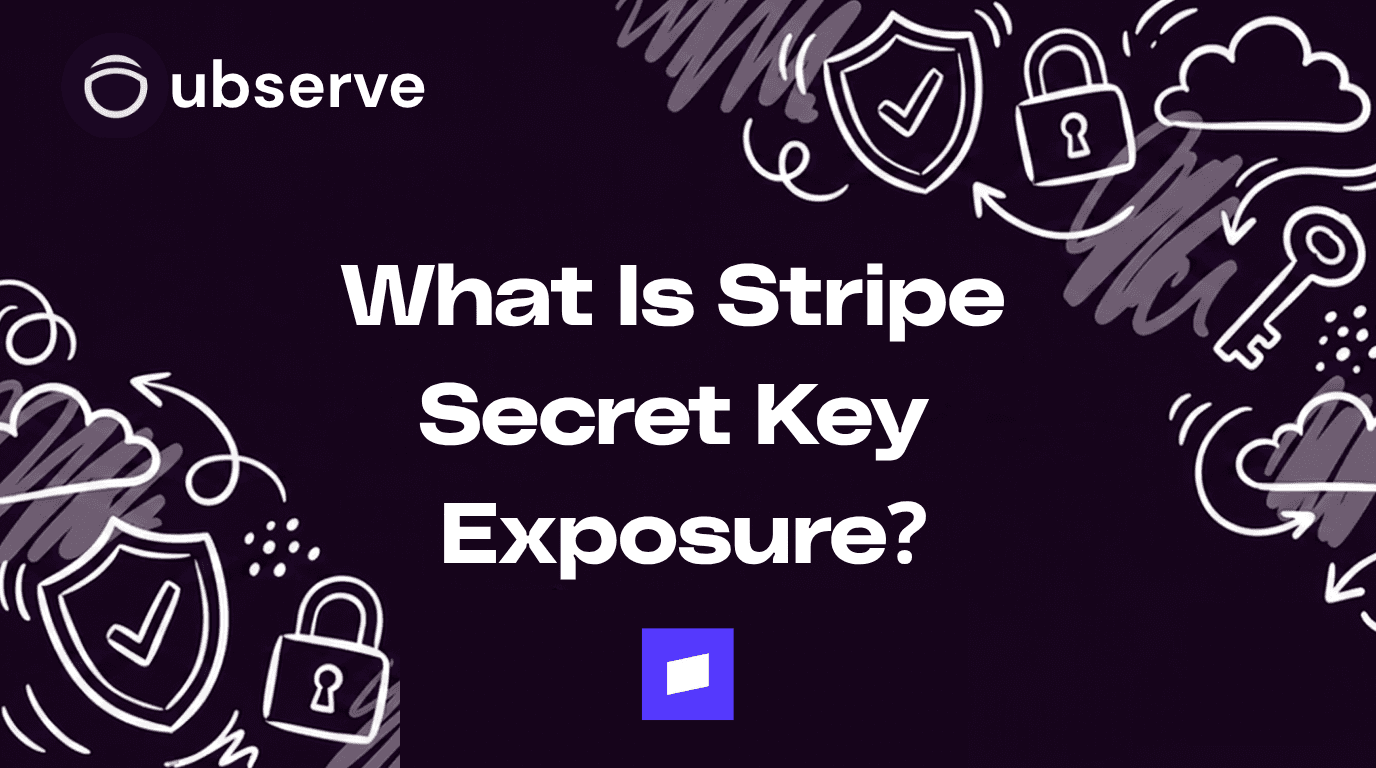 Dark wireframe showing a broken Stripe secret key with leaked payment impact symbols and exposed credential paths.