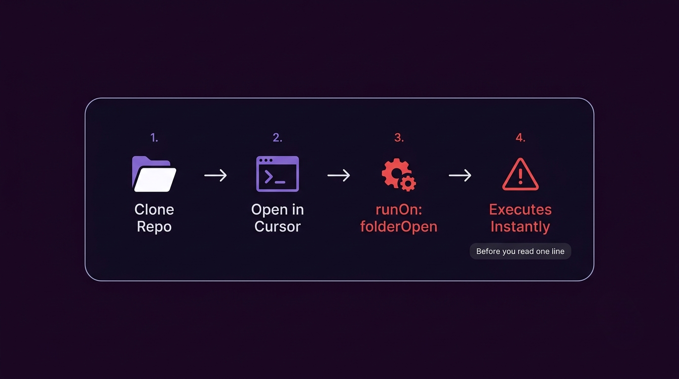 Clone repo, open in Cursor, hidden runOn folderOpen task executes instantly