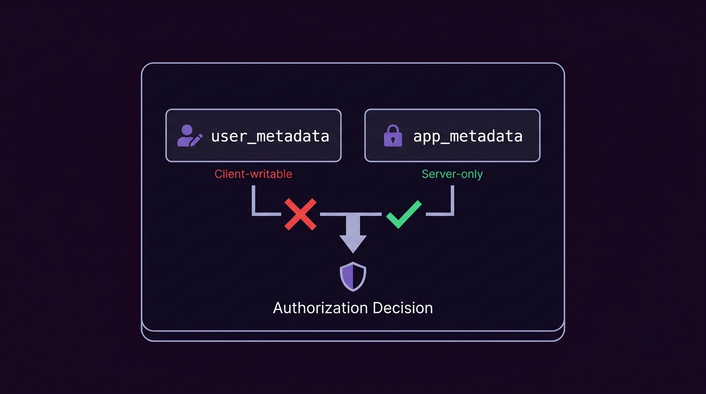 Client-writable user_metadata versus server-only app_metadata feeding an authorization decision